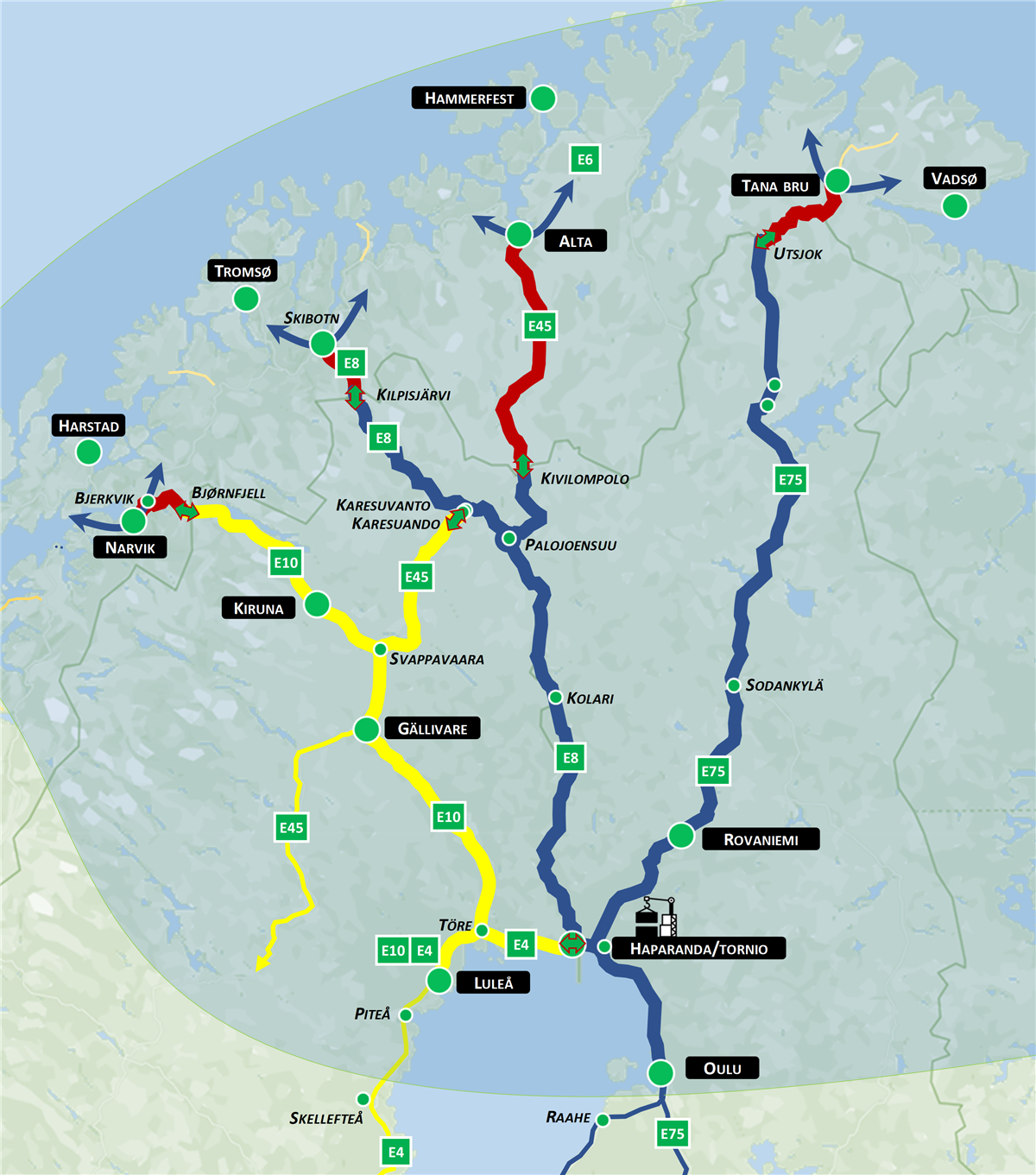 Et kart over Nord-Norge, -Sverige og -Finland med illustrering av veikorridorer på tvers av grensene. - Klikk for stort bilde